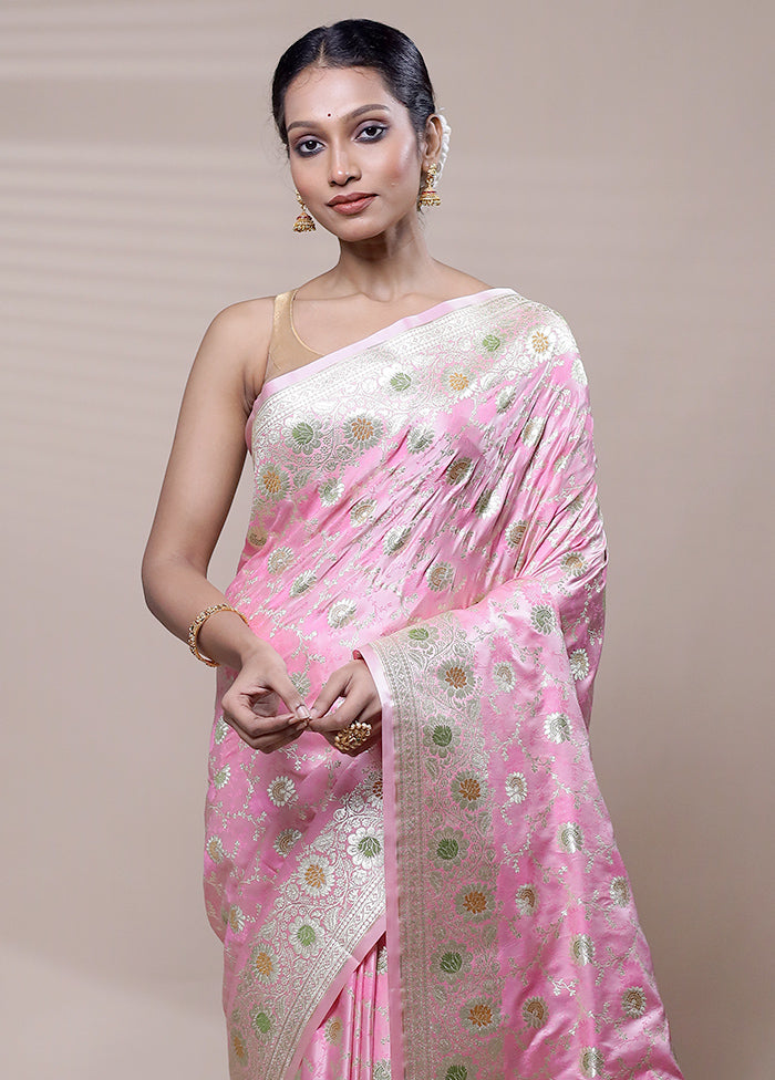 Pink Banarasi Silk Saree With Blouse Piece