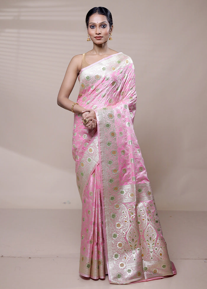 Pink Banarasi Silk Saree With Blouse Piece