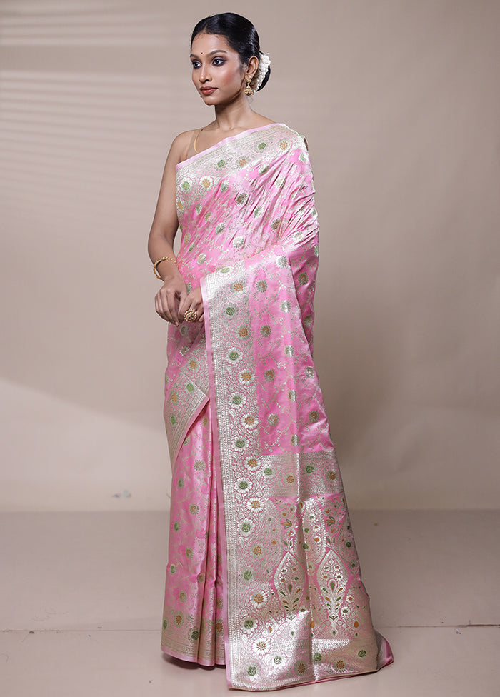 Pink Banarasi Silk Saree With Blouse Piece