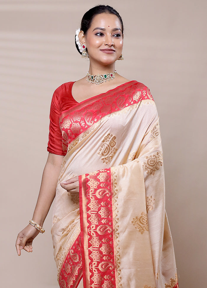 Cream Dupion Silk Saree With Blouse Piece