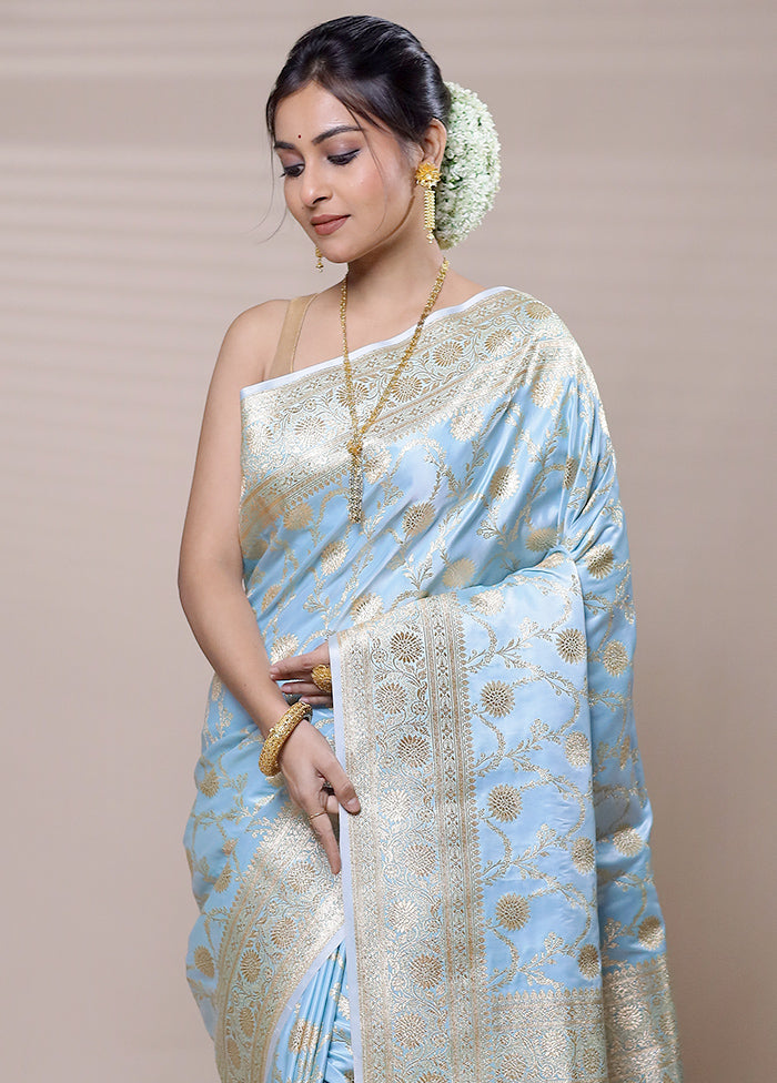 Sky Banarasi Silk Saree With Blouse Piece