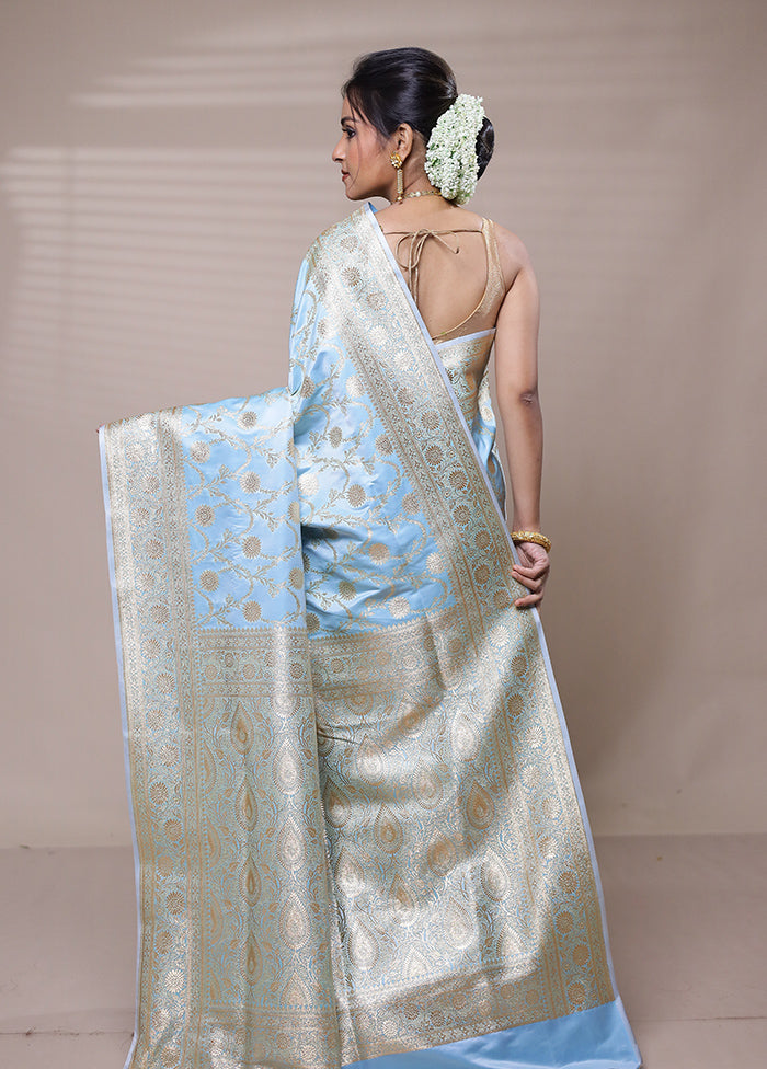 Sky Banarasi Silk Saree With Blouse Piece