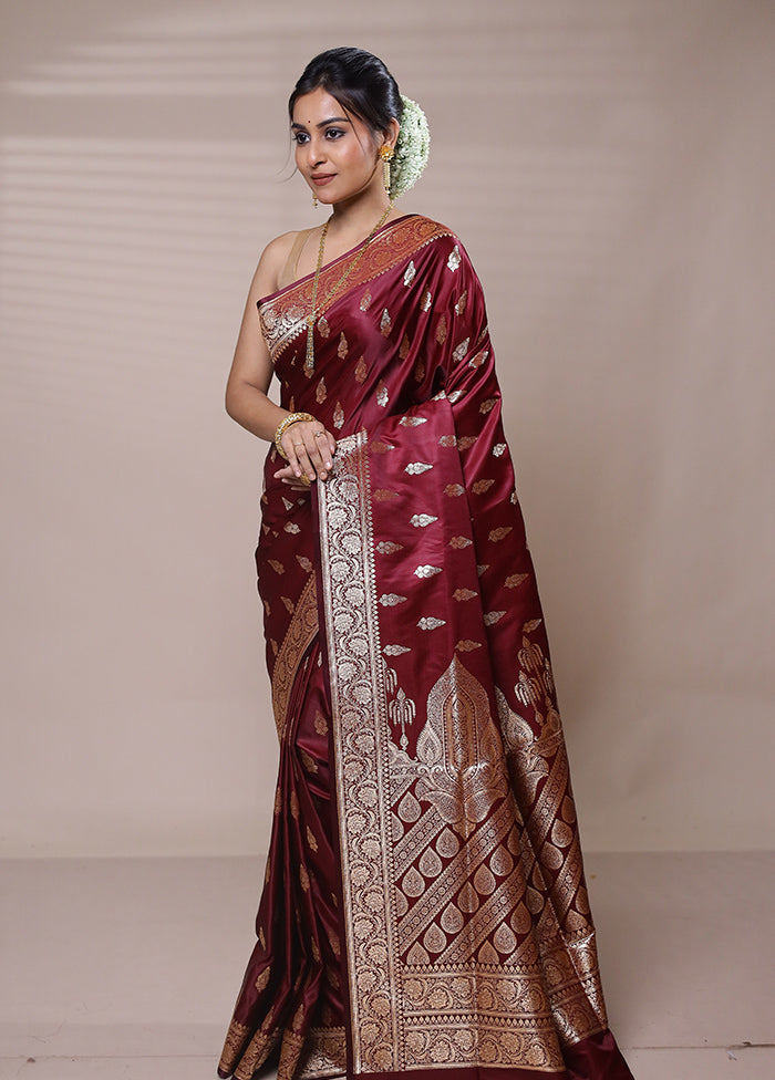 Maroon Banarasi Silk Saree With Blouse Piece