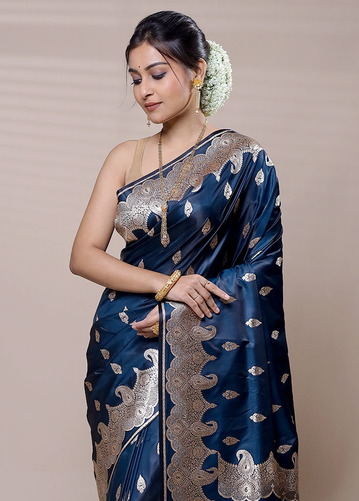 Blue Banarasi Silk Saree With Blouse Piece