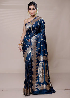 Blue Banarasi Silk Saree With Blouse Piece