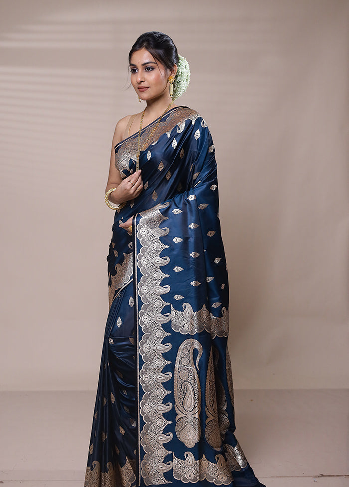 Blue Banarasi Silk Saree With Blouse Piece