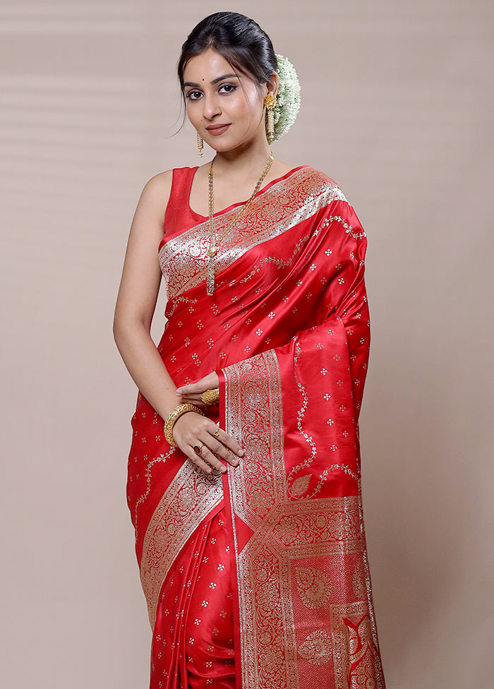 Red Banarasi Silk Saree With Blouse Piece