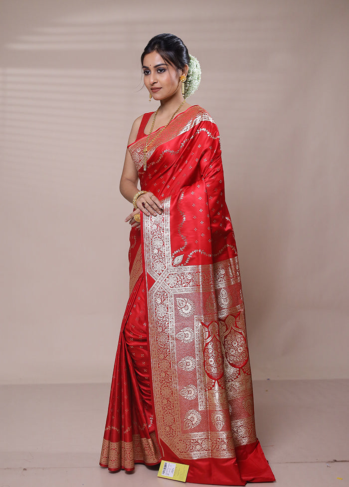 Red Banarasi Silk Saree With Blouse Piece