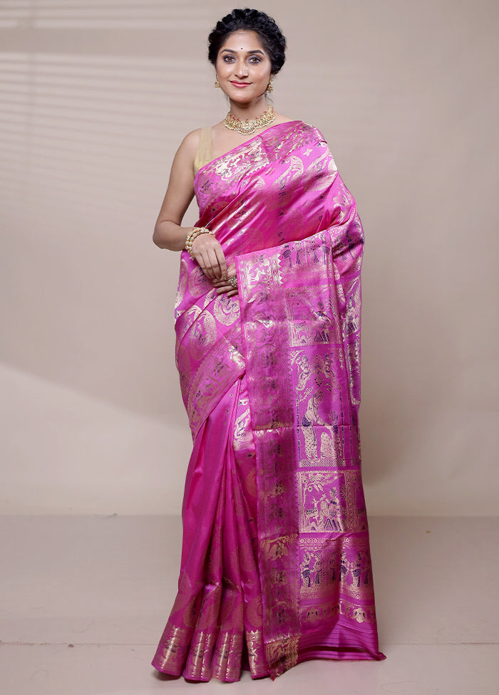 Purple Handloom Baluchari Pure Silk Saree With Blouse Piece