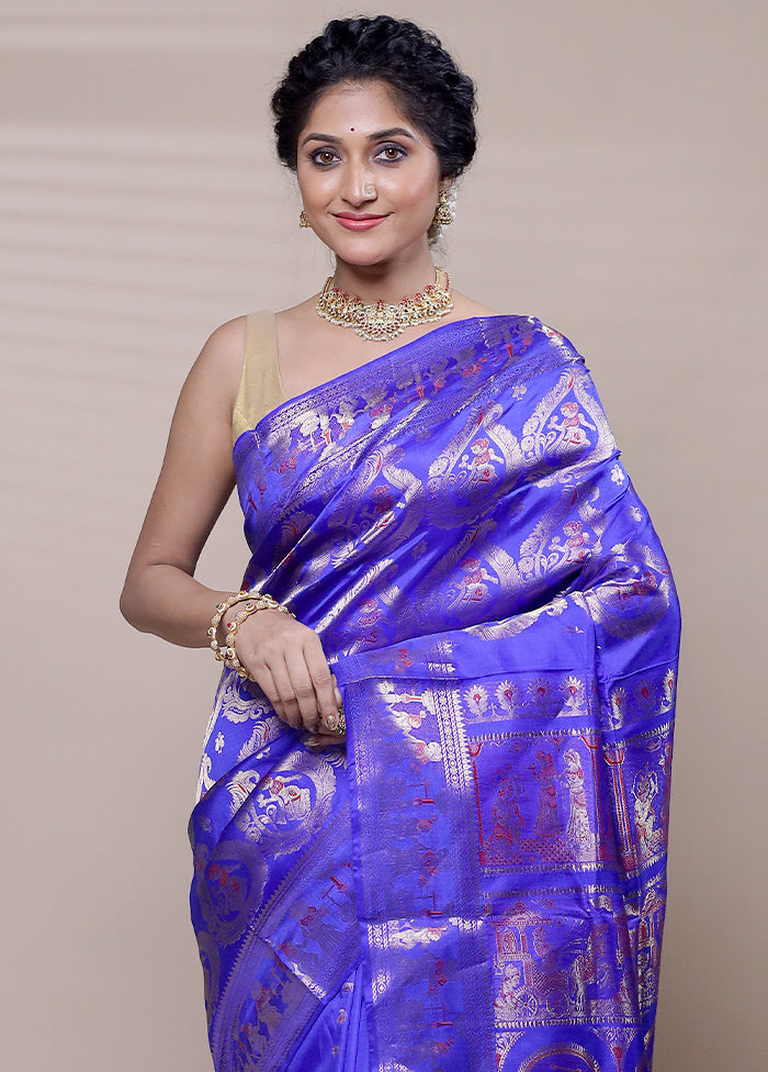 Violet Handloom Baluchari Pure Silk Saree With Blouse Piece