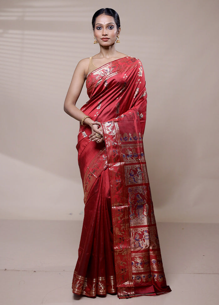 Red Handloom Baluchari Pure Silk Saree With Blouse Piece