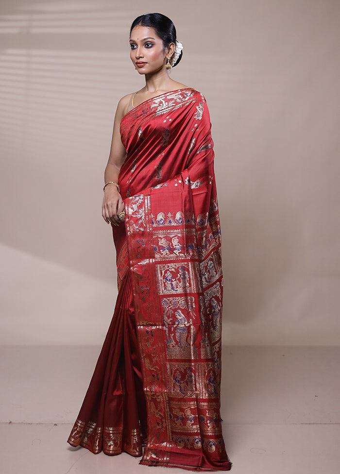 Red Handloom Baluchari Pure Silk Saree With Blouse Piece