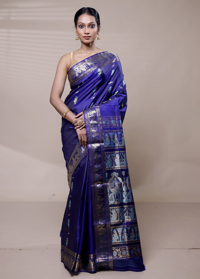 Blue Handloom Baluchari Pure Silk Saree With Blouse Piece