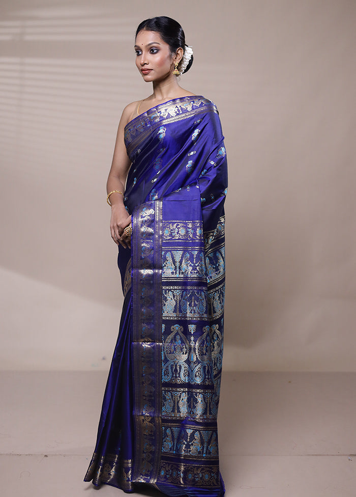 Blue Handloom Baluchari Pure Silk Saree With Blouse Piece