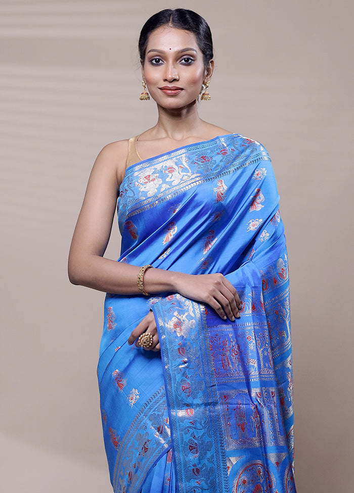 Blue Handloom Baluchari Pure Silk Saree With Blouse Piece