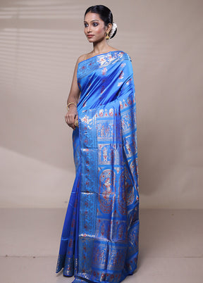 Blue Handloom Baluchari Pure Silk Saree With Blouse Piece