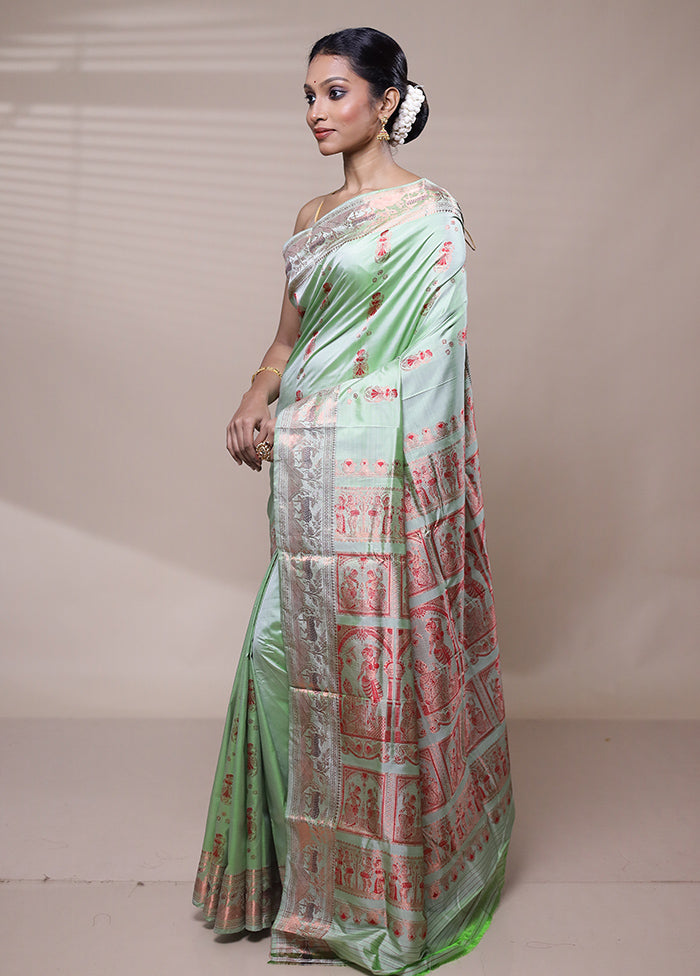 Green Handloom Baluchari Pure Silk Saree With Blouse Piece