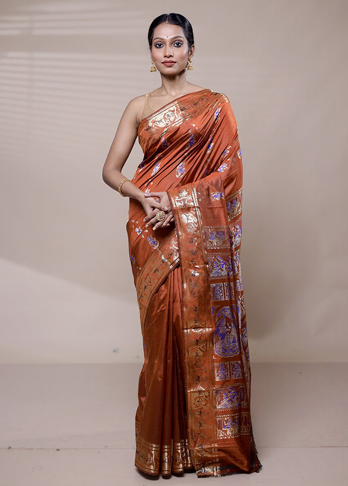 Rust Handloom Baluchari Pure Silk Saree With Blouse Piece