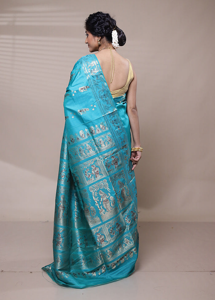 Blue Handloom Baluchari Pure Silk Saree With Blouse Piece