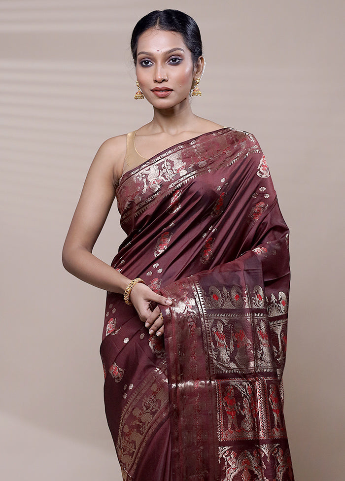 Wine Handloom Baluchari Pure Silk Saree With Blouse Piece