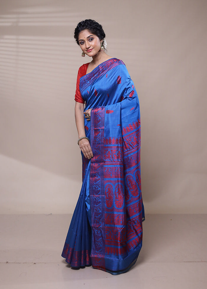 Blue Handloom Baluchari Pure Silk Saree With Blouse Piece