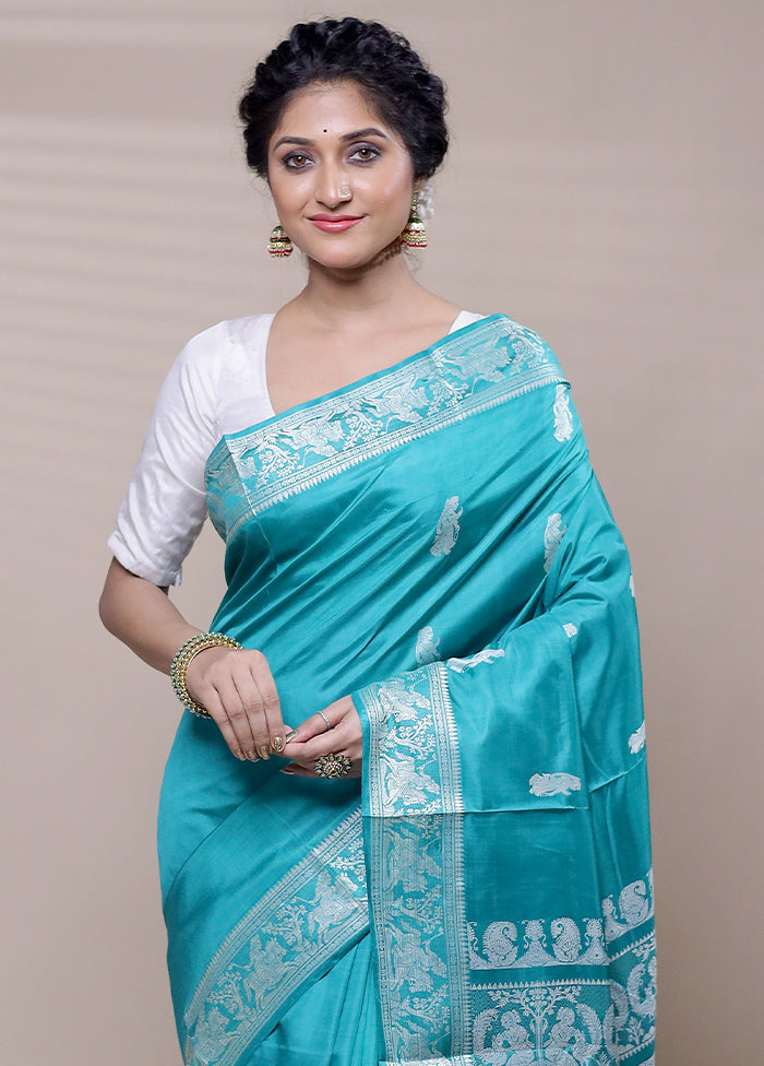 Blue Handloom Baluchari Pure Silk Saree With Blouse Piece