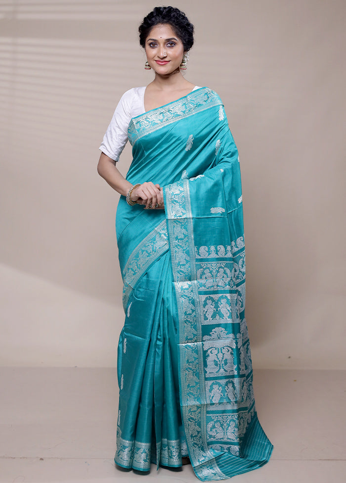 Blue Handloom Baluchari Pure Silk Saree With Blouse Piece