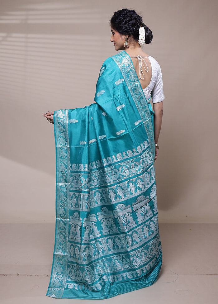 Blue Handloom Baluchari Pure Silk Saree With Blouse Piece