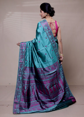 Blue Handloom Baluchari Pure Silk Saree With Blouse Piece