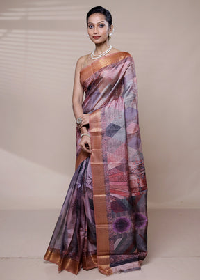 Purple Printed Silk Saree Without Blouse Piece