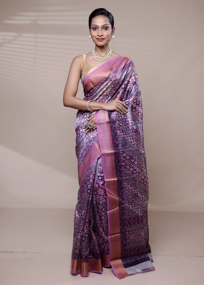 Purple Printed Silk Saree Without Blouse Piece