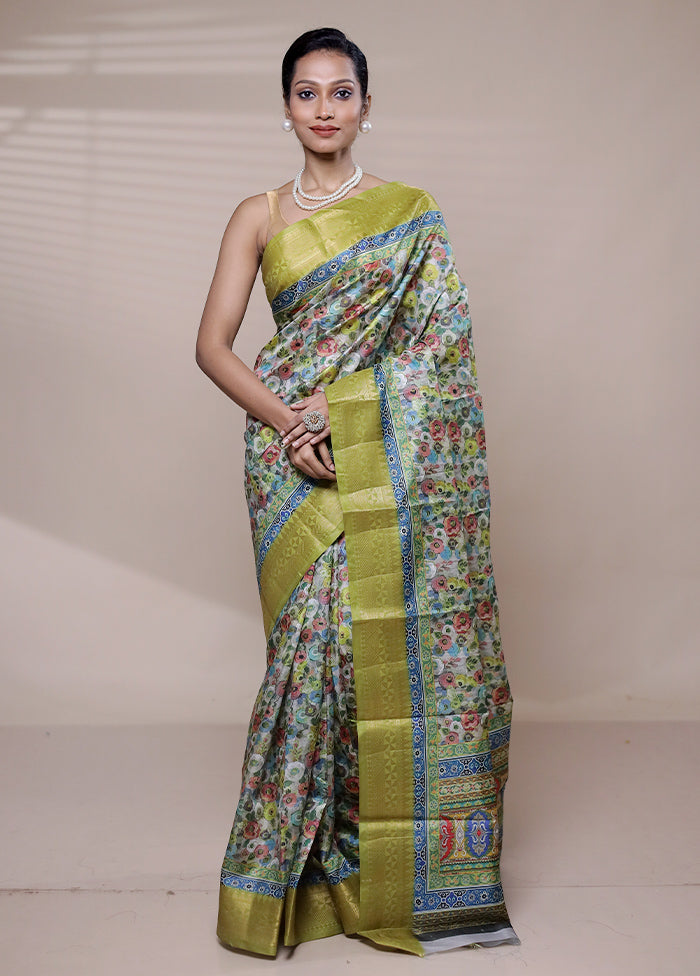 Blue Printed Silk Saree Without Blouse Piece