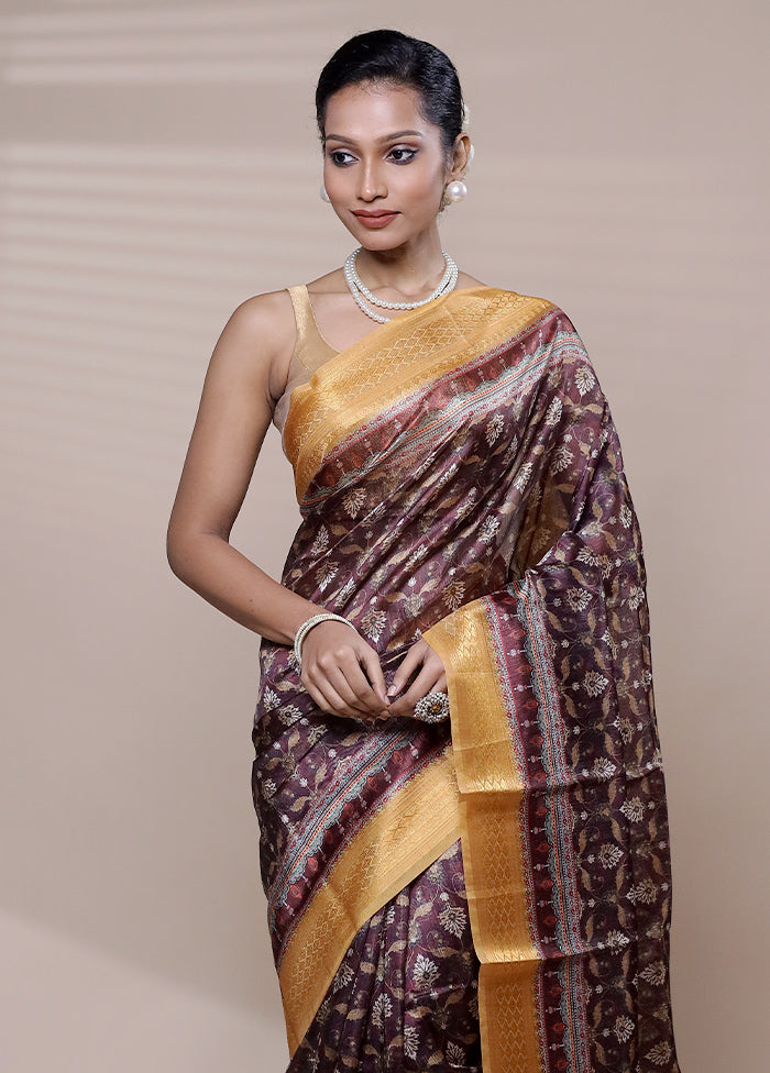 Purple Printed Silk Saree Without Blouse Piece