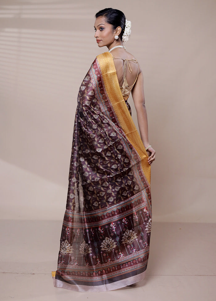 Purple Printed Silk Saree Without Blouse Piece