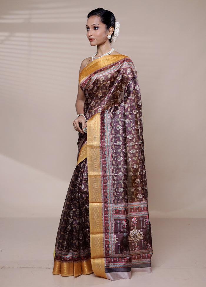 Purple Printed Silk Saree Without Blouse Piece