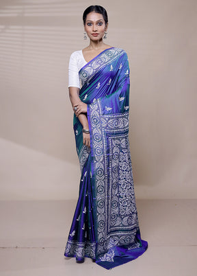 Blue Handloom Kantha Stitch Pure Silk Saree With Blouse Piece