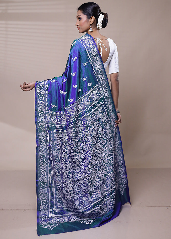 Blue Handloom Kantha Stitch Pure Silk Saree With Blouse Piece