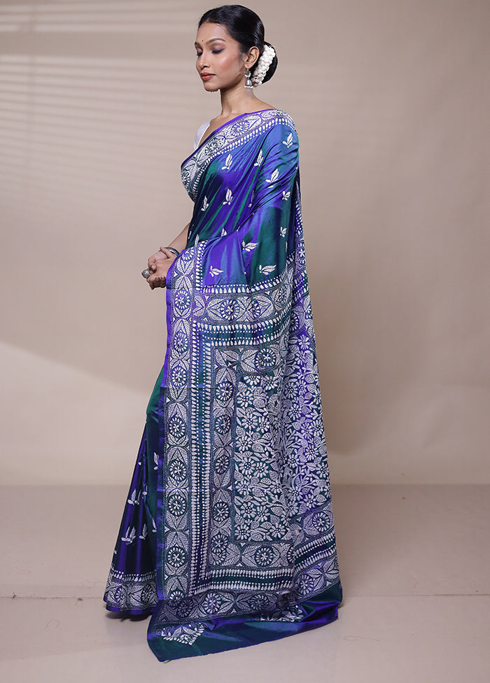 Blue Handloom Kantha Stitch Pure Silk Saree With Blouse Piece