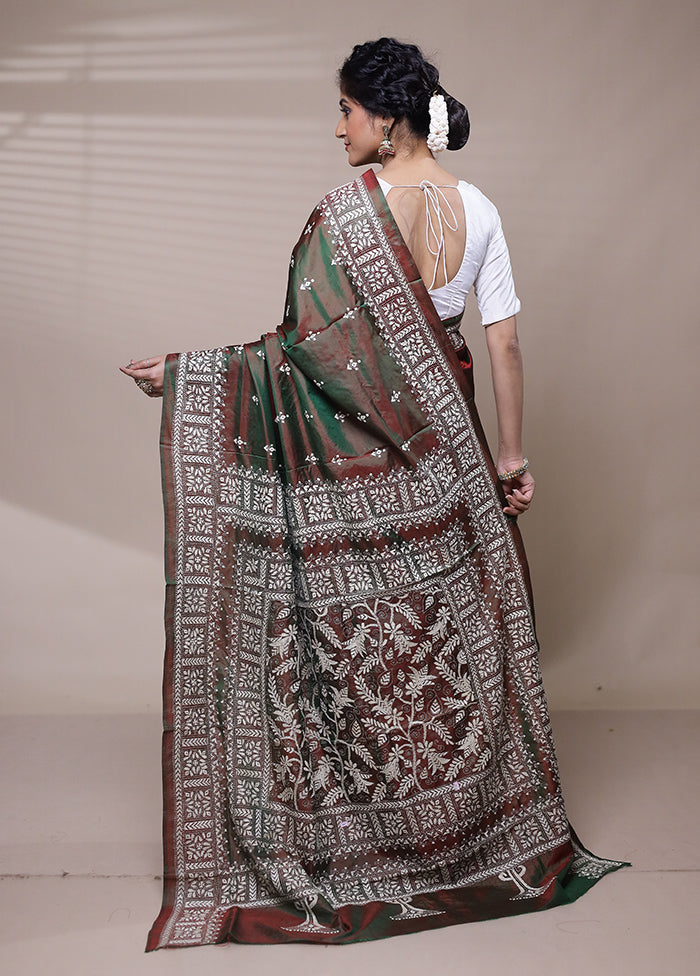 Maroon Handloom Kantha Stitch Pure Silk Saree With Blouse Piece