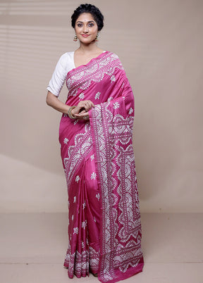 Pink Handloom Kantha Stitch Pure Silk Saree With Blouse Piece