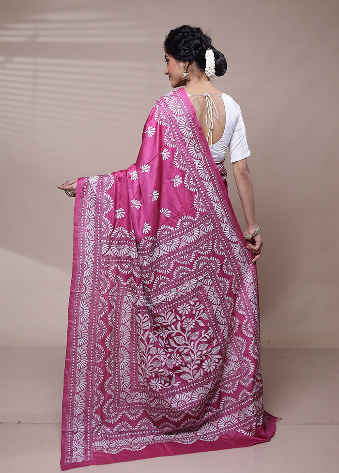 Pink Handloom Kantha Stitch Pure Silk Saree With Blouse Piece