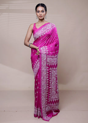 Pink Handloom Kantha Stitch Pure Silk Saree With Blouse Piece