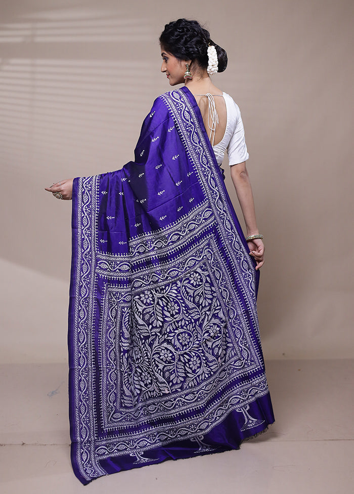 Violet Handloom Kantha Stitch Pure Silk Saree With Blouse Piece