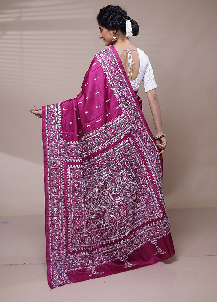 Pink Handloom Kantha Stitch Pure Silk Saree With Blouse Piece