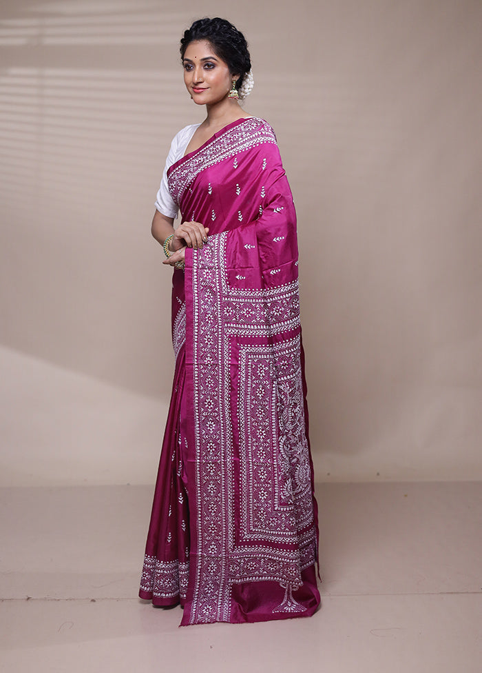 Pink Handloom Kantha Stitch Pure Silk Saree With Blouse Piece