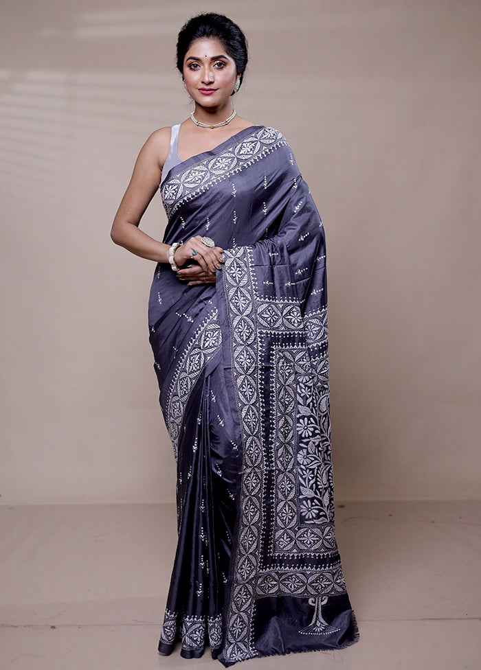 Grey Handloom Kantha Stitch Pure Silk Saree With Blouse Piece