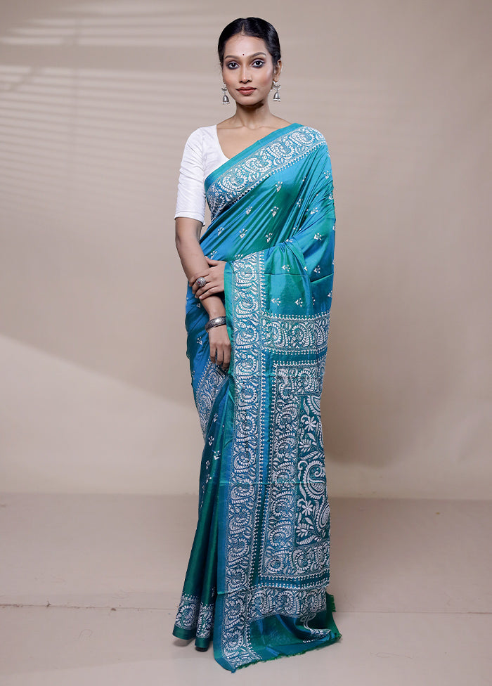 Blue Handloom Kantha Stitch Pure Silk Saree With Blouse Piece