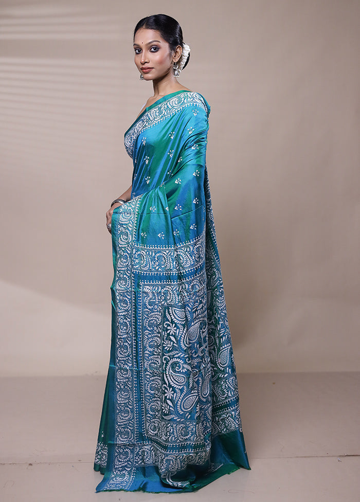 Blue Handloom Kantha Stitch Pure Silk Saree With Blouse Piece