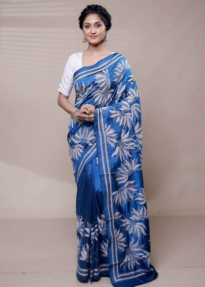 Blue Handloom Kantha Stitch Pure Silk Saree With Blouse Piece