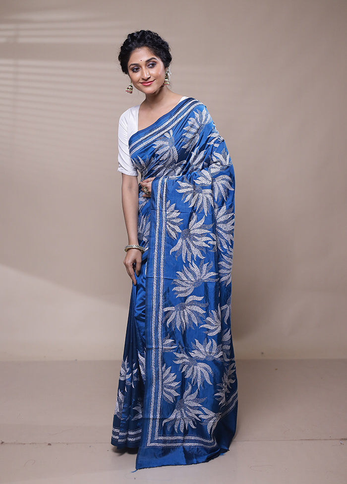 Blue Handloom Kantha Stitch Pure Silk Saree With Blouse Piece